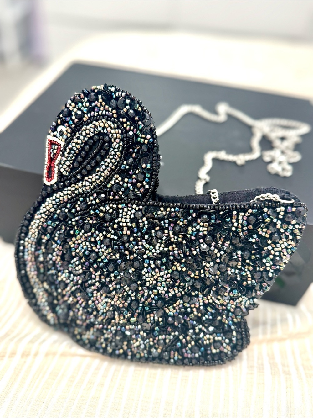 Embellished Black Swan Beaded Crossbody Bag NWOT